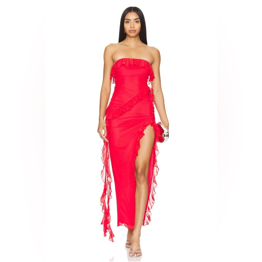 Strapless Red Ruffle Maxi Dress - Picture 4 of 7